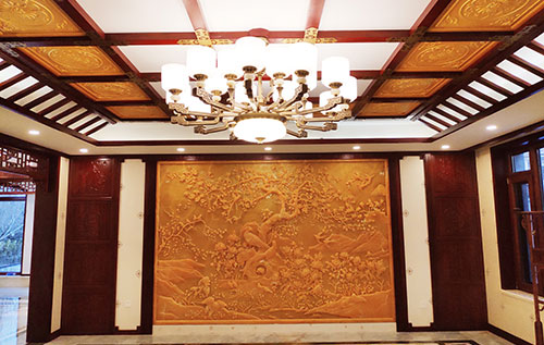 陆川中式别墅客厅中式木作横梁吊顶装饰展示